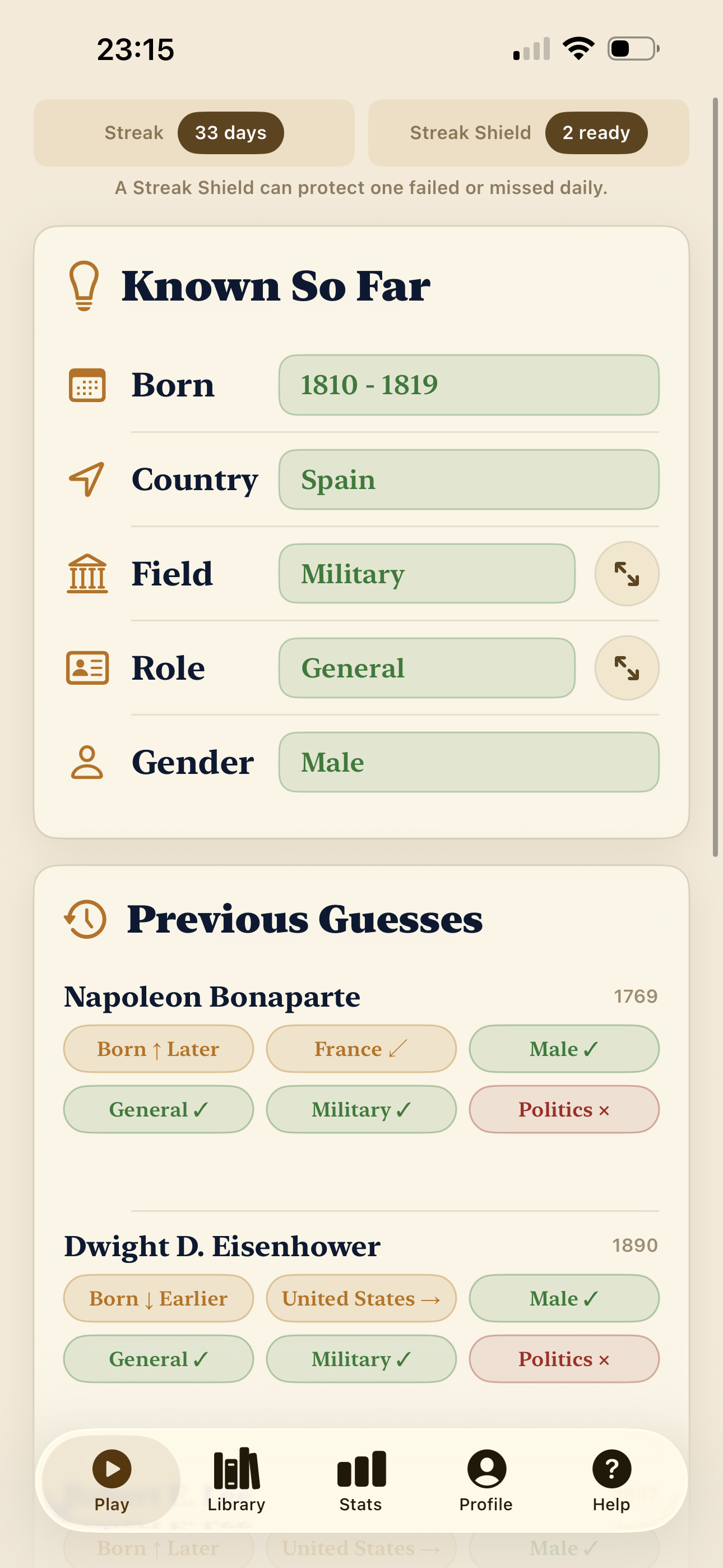 HistoryQ gameplay showing clue feedback and previous guesses